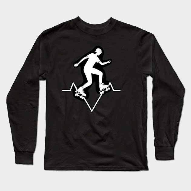 Roller Skate line drawing and heartbeat in white for skaters and roller derby fans Long Sleeve T-Shirt by Customo